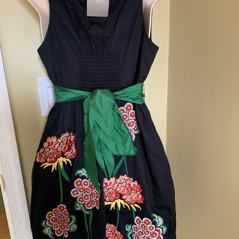 Anthropologie Floreat Black and Green A-Line Midi Cranesbill Dress - Size 4